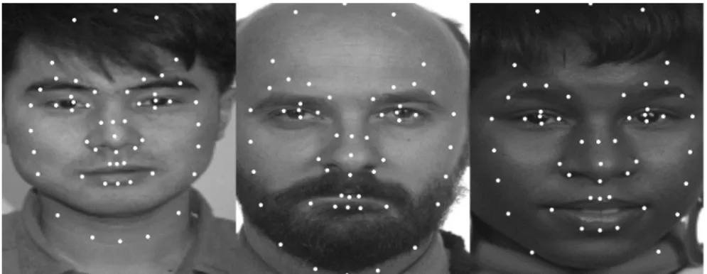 Figura 3.2: Exemplos da saída dos pontos ﬁduciais detectados para a contrução do modelo sintético da face.