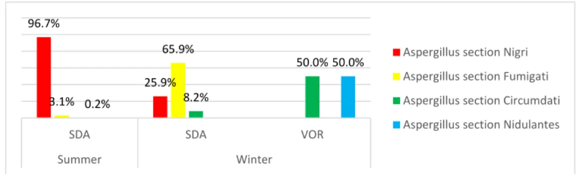 Figure 3. Aspergillus sections identified in summer and winter EDC samples by the azole screening  method