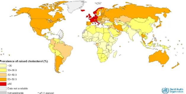 Figura 4. Mapa-gráfico da prevalência de colesterol elevado*, estandardizado á idade 25+, ambos os sexos,  2008