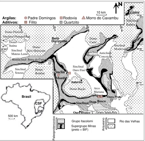 Figura 1.1 – Localização das áreas de estudo de argilas nos sinclinais Moeda e Dom Bosco e dos aditivos: filito  no  sinclinal  Dom  Bosco  e  quartzito  em  Ouro  Preto,  ao  oeste  e  sul  do  Quadrilátero  Ferrífero  (QF),  estado  de  Minas Gerais, sul