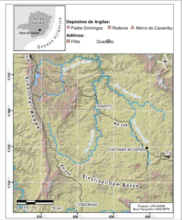 Figura 1.3- Mapa de localização e acesso aos depósitos de argilas e de aditivos em estudo (Adaptado de Ferreira  et al