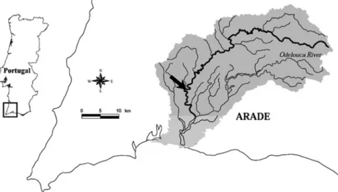 Fig. 1 Map of the study area, showing the location of the Odelouca River and the studied reach