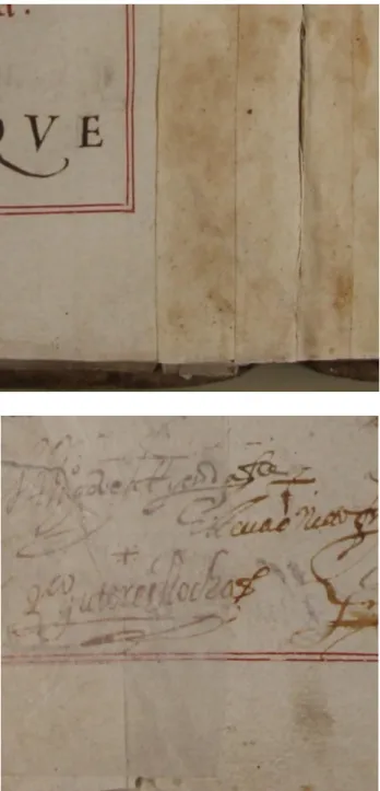 Figure 5: Commitment book of Nossa Senhora da Piedade, parish of Cova da Piedade in Almada,  1606, details of intervention A in folio 7v and detail of intervention B in folio 11v, respectively