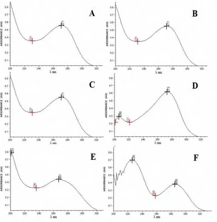 Figura 13- Espectro de absorção na região do ultravioleta, solução de CFZ SQR na concentração de  20 μg/mL, utilizando como solvente: água (A); tampão fosfato pH 6 (B); tampão fosfato pH 8 (C);  metanol (D); ácido clorídrico 0, 1 M (E); hidróxido de sódio 