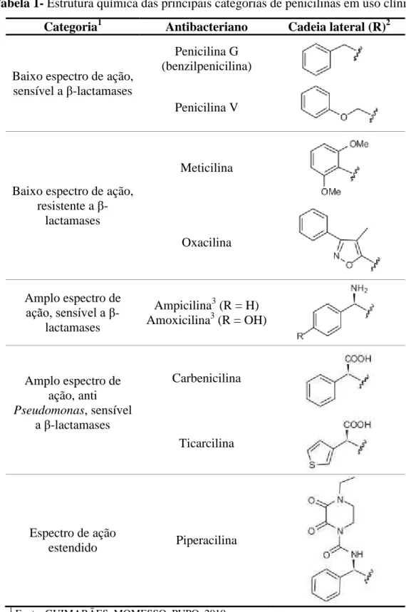Tabela 1- Estrutura química das principais categorias de penicilinas em uso clínico  Categoria 1 Antibacteriano  Cadeia lateral (R) 2