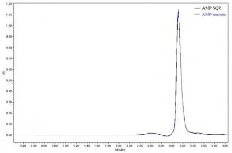 Figura 18- Sobreposição de cromatogramas de ampicilina sódica SQR e em pó para solução  injetável, nas mesmas concentrações (90 µg/mL)