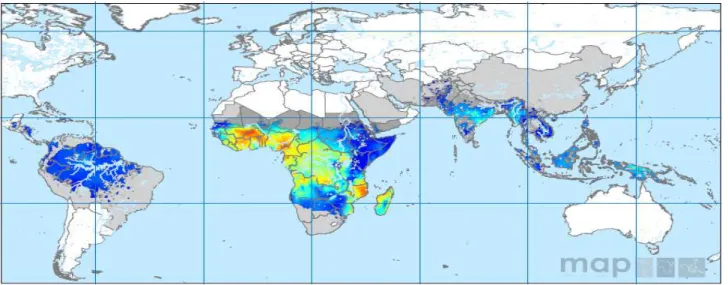 Fig. 1 – Distribuição – Áreas endémicas de Malária a Plasmodium falciparum em 2010. 4 Zonas a laranja – transmissão generalizada, endémicas; 