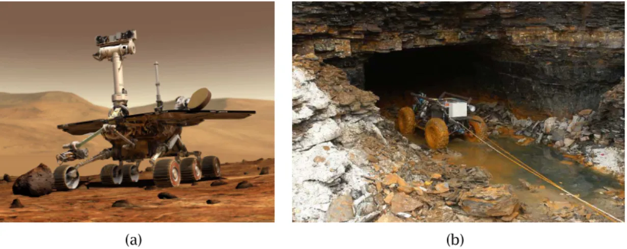 Figura 1.1. Exemplos de aplicações críticas de robôs autônomos. (a) Um dos veículos robóticos enviados a Marte (Spirit e Opportunity) em 2004, como parte da Mars Exploration Rover Mission da NASA (concepção artística; crédito: Maas Digital LLC, NASA/JPL); 