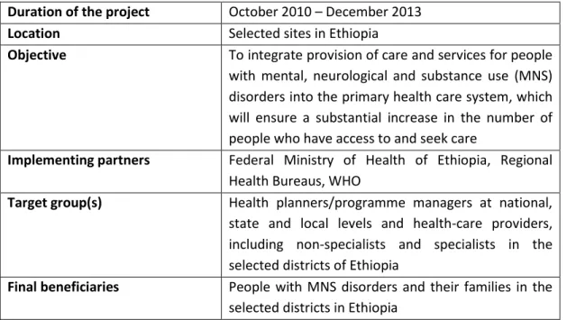 Table 6. Summary of the demonstration phase of mhGAP in Ethiopia  Duration of the project  October 2010  –  December 2013  