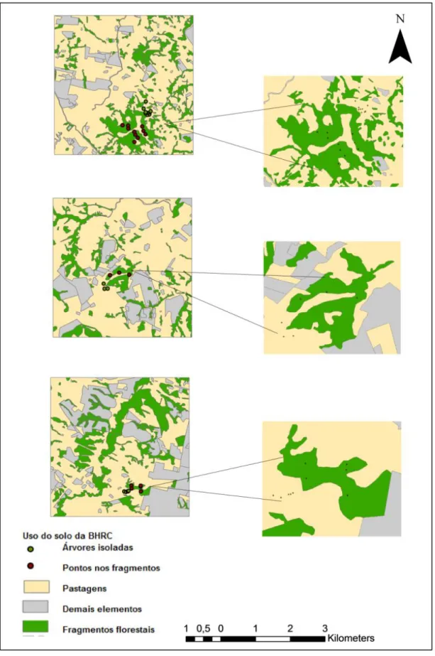Figura  2.  Representação  das  áreas  de  amostragem.  Em  evidência,  as  unidades  amostrais  localizadas  nas  pastagens e nos fragmentos florestais inseridos na região da BHRC.