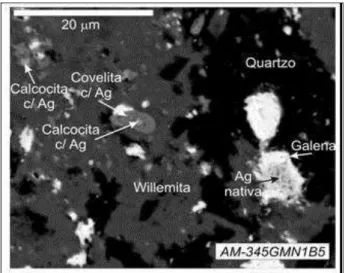 Figura  1.1.  Fotomicrografias  em  MEV  de  amostras  de  minério  da  Mina  de  Vazante.mostrando  associação  entre  galena,  calcosita,  prata  e  galena  preenchendo  fraturas de willemita