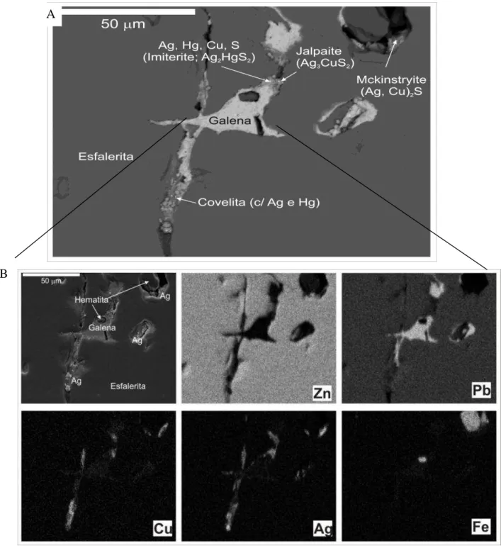 Figura  3.3.    (A)  Imagem  em  MEV  de  amostra  de  minério  sulfetado  (AM- (AM-345GMN1B6), mostrando minerais portadores de prata