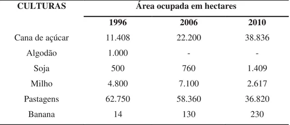 TABELA 2. Ocupação do solo, em hectares, no município de Araçatuba nos anos de 1996,  2006 e 2010