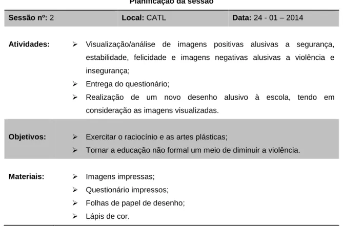 Tabela 16 – Planificação da sessão nº 2 – Grupo 1 44 