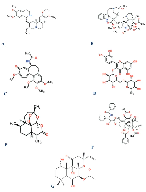 Figura 1.1: Estrutura química da emetina (A), vincristina (B), colchicina (C), rutina (D), artemisina  (E), paclitaxel (F) e forscolina (G)