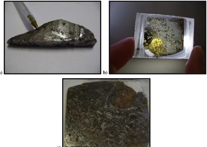 Figura  5.3:  a)  fragmento  do  meteorito  Bocaiuva;  b)  lâmina  petrográfica  do  meteorito  Bocaiuva;  c)  padrão  de  Widmanstätten