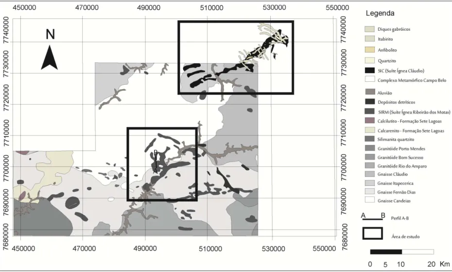 Figura 3.1 - Mapa geológico que mostra a região estudada (modificado de Couto e Carneiro, 2007 e Carneiro et al