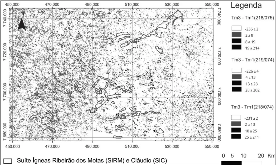 Figura 3.2 - Mapa geológico (modificado de Couto e Carneiro, 2007 e Carneiro et al. 2006) da região estudada que foi sobreposto a imagem resultante da  subtração das bandas espectrais (TM3–TM1)