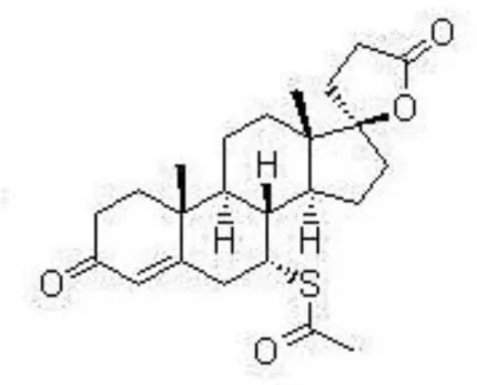 Figura 1:  Estrutura química da espironolactona (17-Hidroxi-7-α-mercaptana-3-oxo-17-α-pregn-4-eno-21-ácido  carboxílico-γ-lactona-7-acetato)