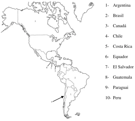 Figura 3: Países das Américas que apresentam cepas resistentes de S. flexneri. 