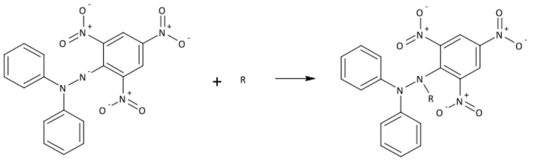 Figura 8: Reação química entre o radical DPPH e um composto antioxidante (R). 