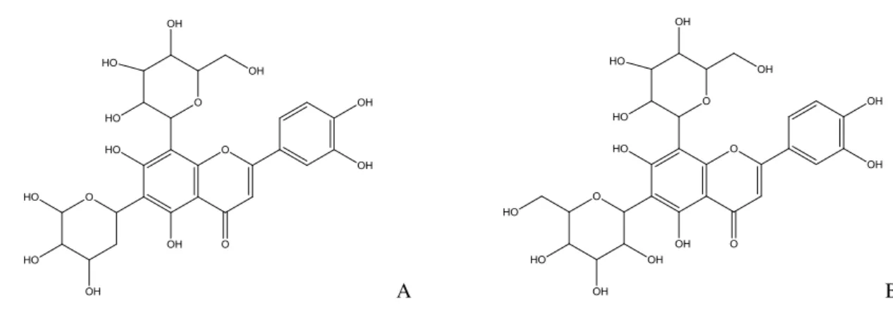 Figura  9:  Estrutura  química  de  lucenina  1  ou  lucenina  3,5  (A)  e  lucenina  2  (B),  identificadas por meio de UPLC-DAD-EM
