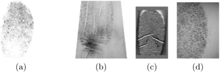 Fig. 1: Sample images of FVC2004 database. The sensors used in (a), (b), (c), and (d) are low-cost optical sensor, low-cost capacitive sensor, optical sensor, and synthetic generator, respectively.