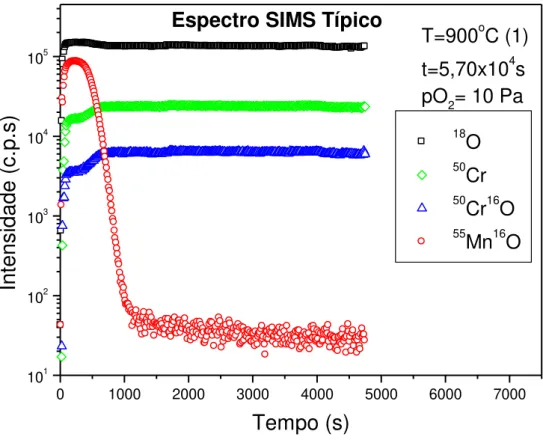 Figura 5.1  –  Espectro SIMS típico de uma amostra sintética  policristalina de  Cr 2 O 3 , após a difusão do manganês à 900 o C 