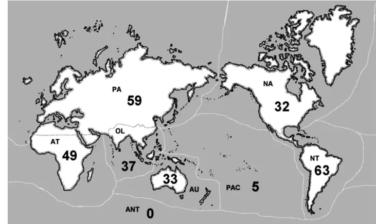 Figura  8:  Diversidade  taxonômica  de  esponjas  de  água  doce  em  escala  zoogeográfica