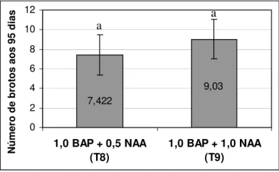 Figura 5. Número de brotações de abacaxizeiro ‘IAC Gomo-de-mel’ cultivadas in vitro por 95  dias nos diferentes tratamentos