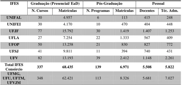 Tabela 3  – Dados gerais das universidades federais mineiras – graduação, pós-graduação stricto sensu e  pessoal (2011) 