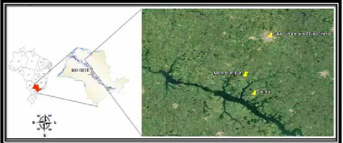 Figura 9 : Mapa indicando os locais de coleta (Sales/SP e Mendonça/SP). 