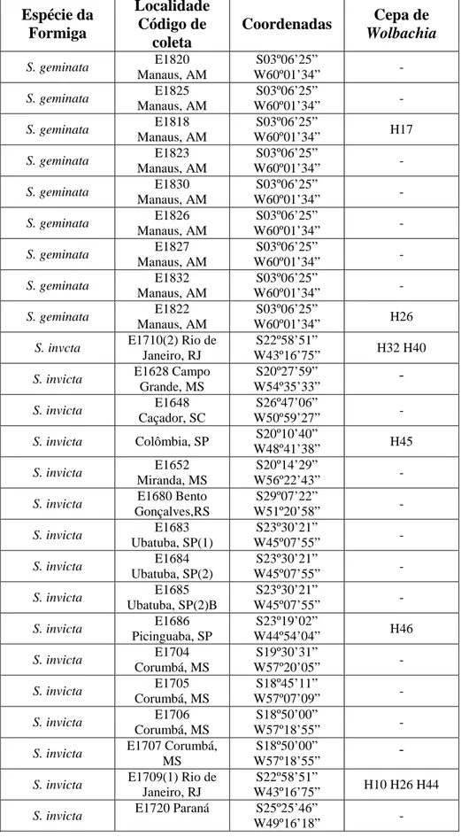 Tabela 1: Espécie da formiga, localidade de coleta, coordenadas geográficas e cepa de  Wolbachia