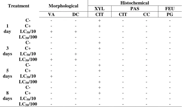 Table  3.  Summary  of  morphological  and  histochemical  analyses  on  the  regenerative  cells  from Africanized honeybees exposed to sublethal doses of thiamethoxam