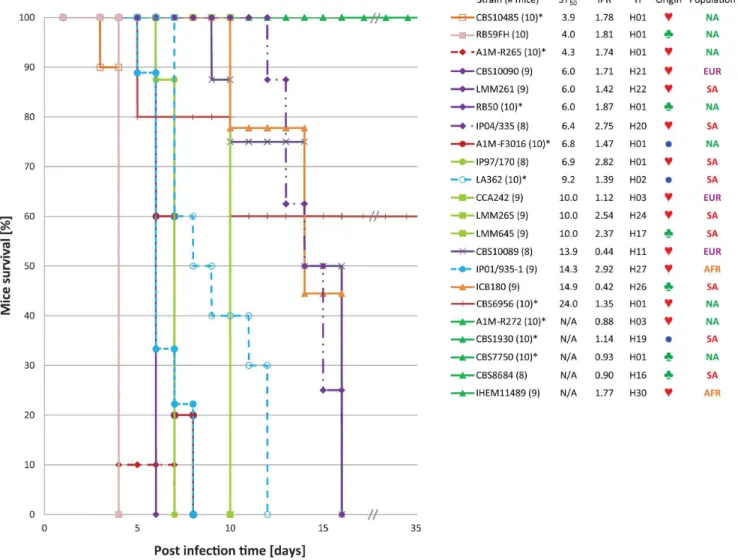 Figure 5. BALB/c mice survival curves. The Kaplan-Meier survival curves for each of the BALB/c mice virulence experiments carried out with 22 strains as listed from highest to lowest virulence potential in mice based on the ST 50 values (Fig