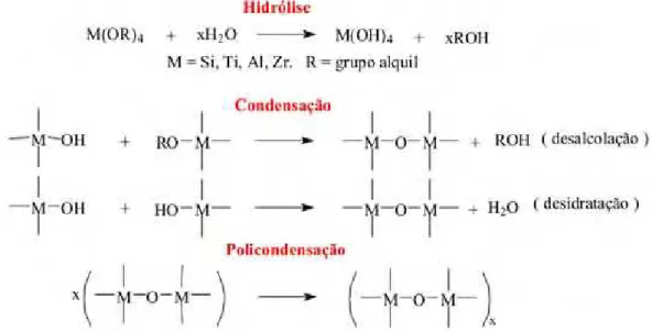 Figura 12. Ilustração das reações fundamentais que ocorrem no processo Sol-Gel. 11
