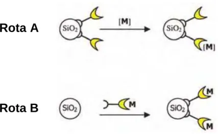 Figura 17. Síntese dos complexos de metais de transição incorporados em sílica: (Rota A) A reação  de complexação do íon metálico ou quelato orgânico sobre nanopartículas de sílica e (rota  B) incorporação do complexo metático na reação de organosilanos