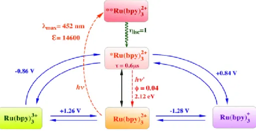 Figura 21. Quantidades relevantes para processos de transferência de energia e de elétrons no  complexo [Ru(bpy) 3 ] 2+ 