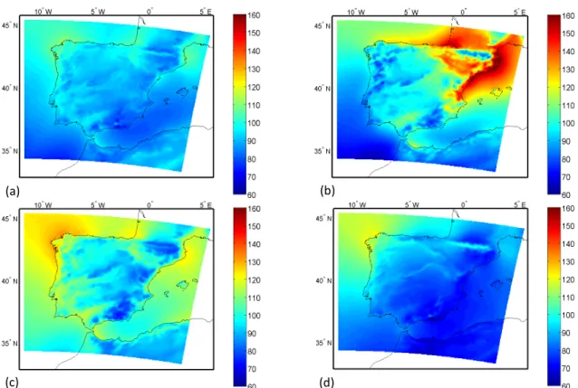 Figura 14. Climatologia média sazonal do  SWEAT simulado pelo WRF-ERA para o  clima histórico (1986-2005) da (a)  primavera (MAM); (b) verão (JJA); (c) outono (SON); (d) inverno (DJF)