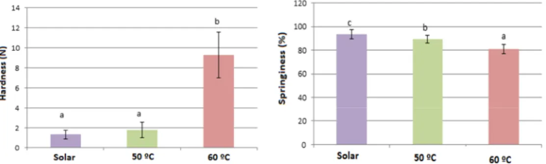 Figure 2 – Hardness (left) and springiness (right) for different dryings. The different  letters indicate that the samples are statistically different according to Tukey HSD 