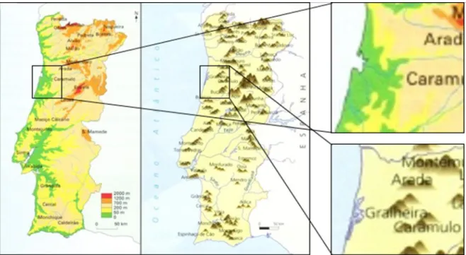 Figura 16: Mapa do relevo e principais elevações de Portugal Continental, com destaque da Região de Aveiro a  direita; Fonte: Adaptado de A