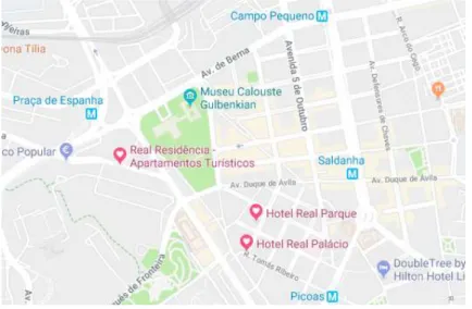 Figura 2 – Mapa de Lisboa com a localização do Hotel Real Palácio, Hotel Real Parque e Real Residência 