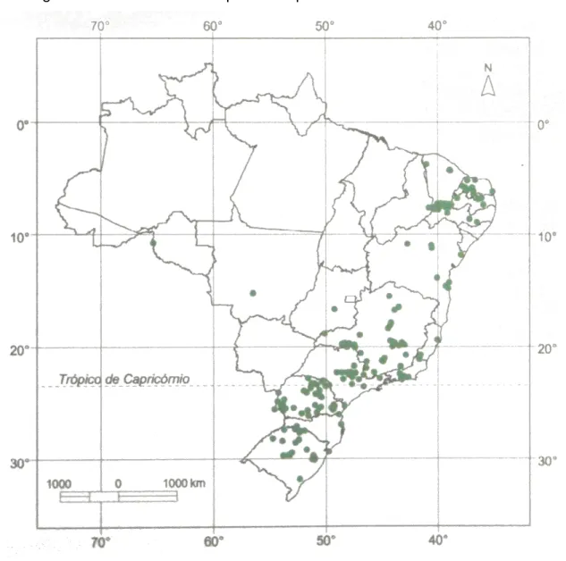 Figura 1. 1 Distribuição natural de Bauhinia forficata pelo Brasil segundo levantamento  realizado por Carvalho [90] .