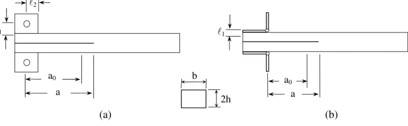 Figura 2.19. Geometria do provete DCB com solicitação de carga: (a) blocos; (b) dobradiças