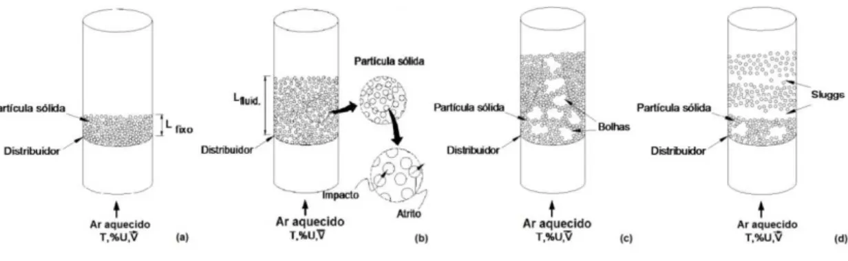 Figura 1 - Esquematização das seguintes formas de fluidização: (a) leito fixo, (b) leito fluidiza- fluidiza-do, (c) leito borbulhante e (d) leito empistonado