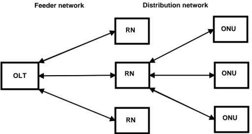 Figure 5.1: General scheme of a PON and its subnetworks: feeder and distribution.