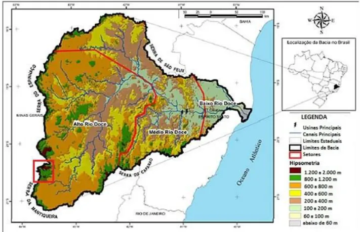 Figura 2.1: Mapa Hipsométrico da bacia do Rio Doce. Fonte: Coelho, modificado IBGE 2004