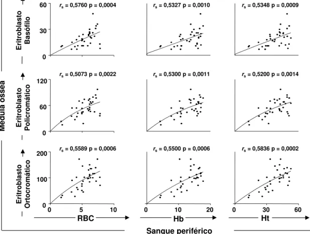 Figura 3: Correlação entre as células da série eritróide e os parâmetros hematológicos (eritrócitos-RBC,  hemoglobina-Hb e hematócrito-Ht) considerando todos os grupos de cães infectados com L