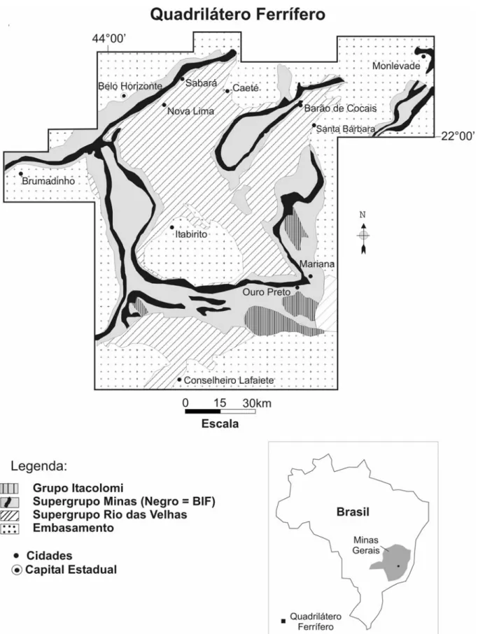 Figura 1.1 – Geologia do Quadrilátero Ferrífero/MG segundo Alkmim &amp; Marshak (1998).