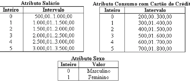 Figura 5.2: Discretização e mapeamento dos atributos da Tabela Cartão de Crédito em inteiros  consecutivos.